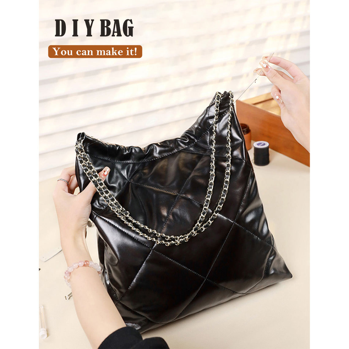 POPSEWING® Top Grain Leather Quilted Chain Tote Bag DIY Kit - Image 2